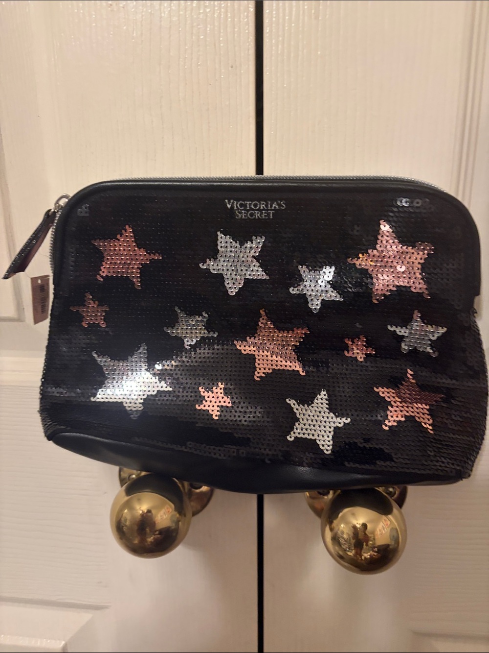 Victoria's Secret Black Sequin Star Makeup Pouch with Rose Gold & Silver Accents